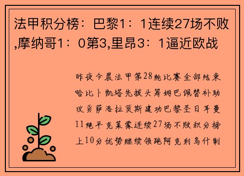 法甲积分榜：巴黎1：1连续27场不败,摩纳哥1：0第3,里昂3：1逼近欧战