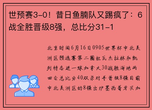 世预赛3-0！昔日鱼腩队又踢疯了：6战全胜晋级8强，总比分31-1
