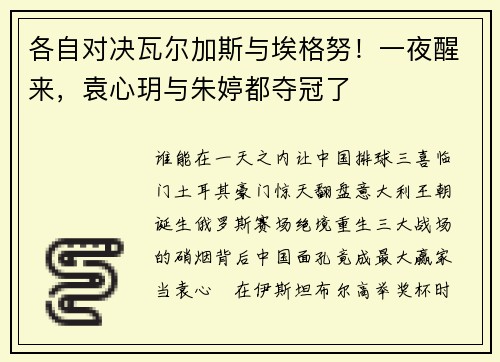 各自对决瓦尔加斯与埃格努！一夜醒来，袁心玥与朱婷都夺冠了